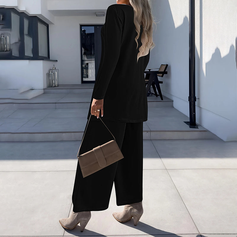 Ensemble Femme Élégant 3 Pièces – Pantalon Large + Haut Fluide + Veste Longue