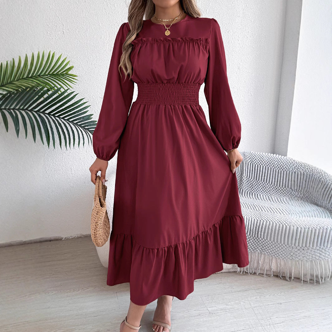 Robe Longue Femme Élégante – Manches Longues & Taille Élastique Smockée