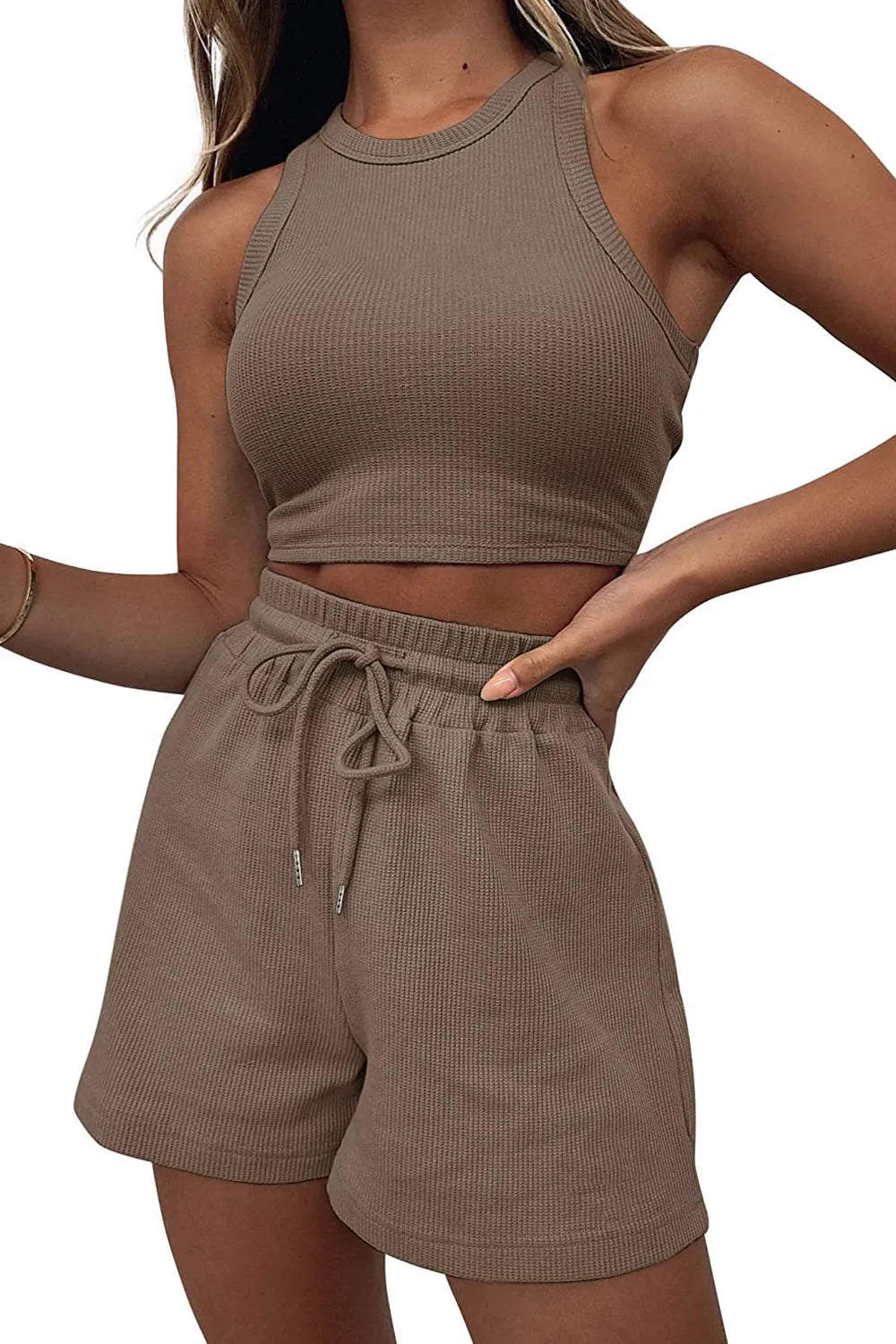 Ensemble 2 pièces côtelé vert – Crop top sport & short taille haute confort