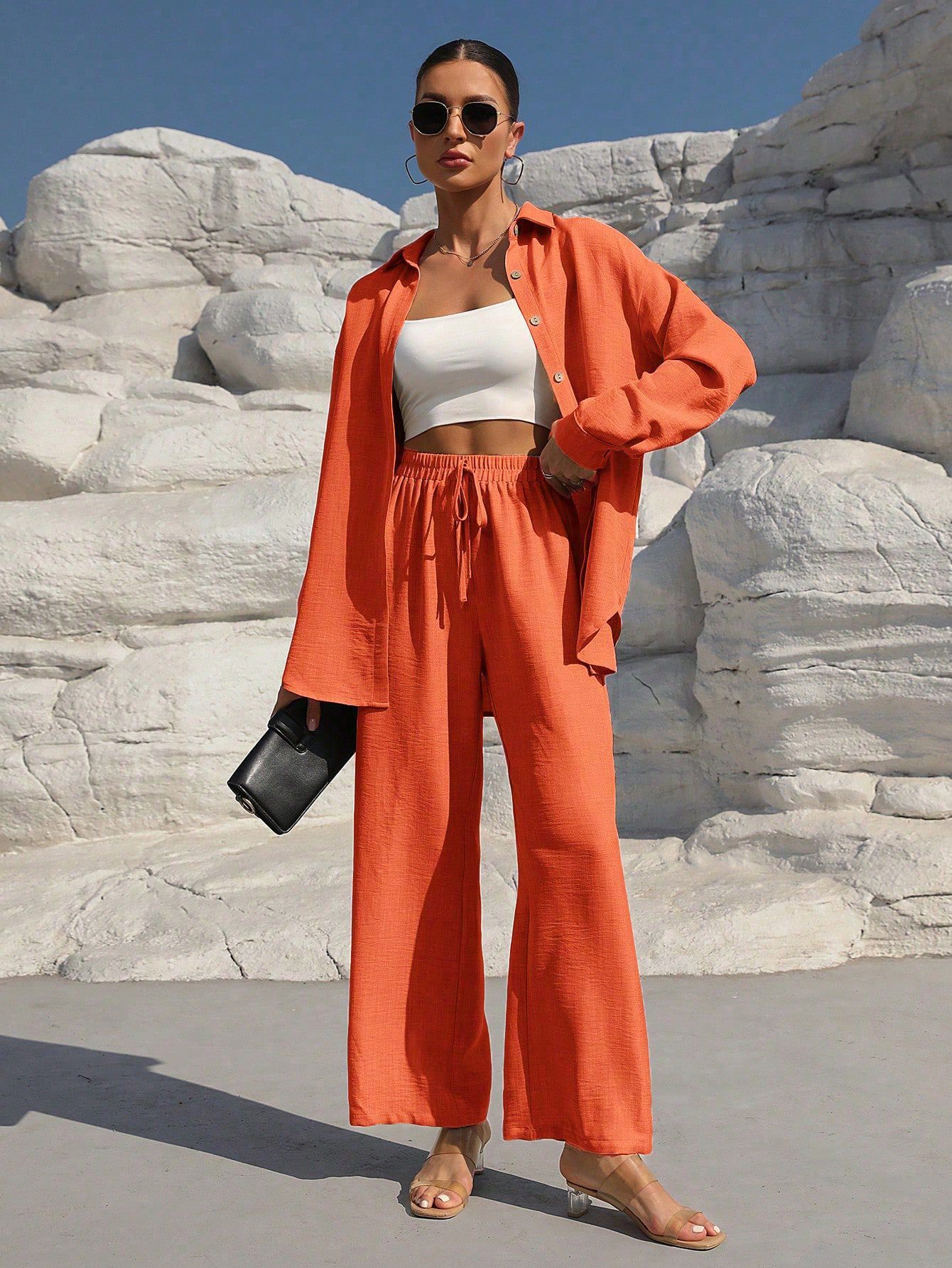 Ensemble Femme Chic – Veste Longue & Pantalon Large Taille Haute | Look Décontracté et Élégant Été 2025