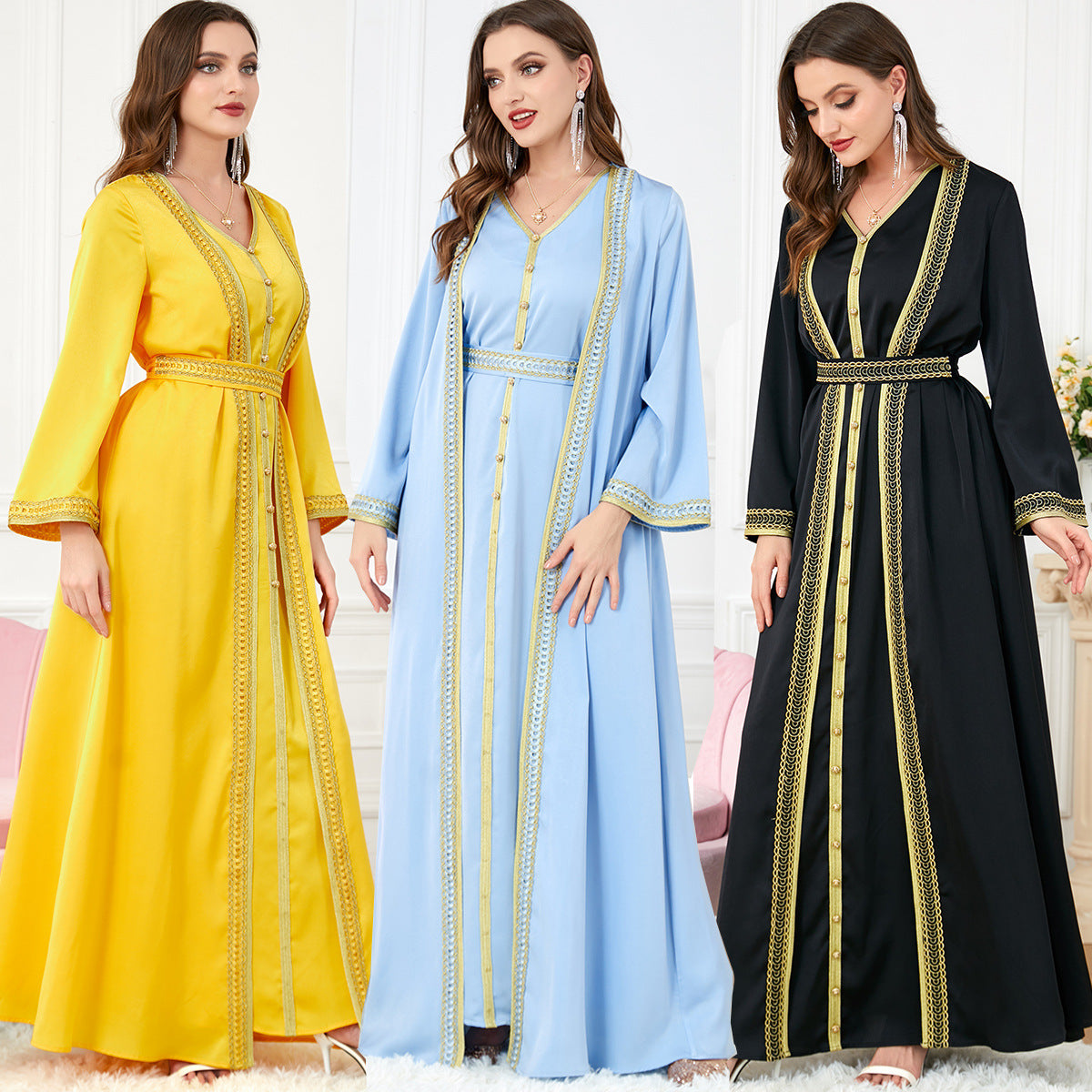 Caftan moderne brodé doré – Chic viral pour soirées & cérémonies