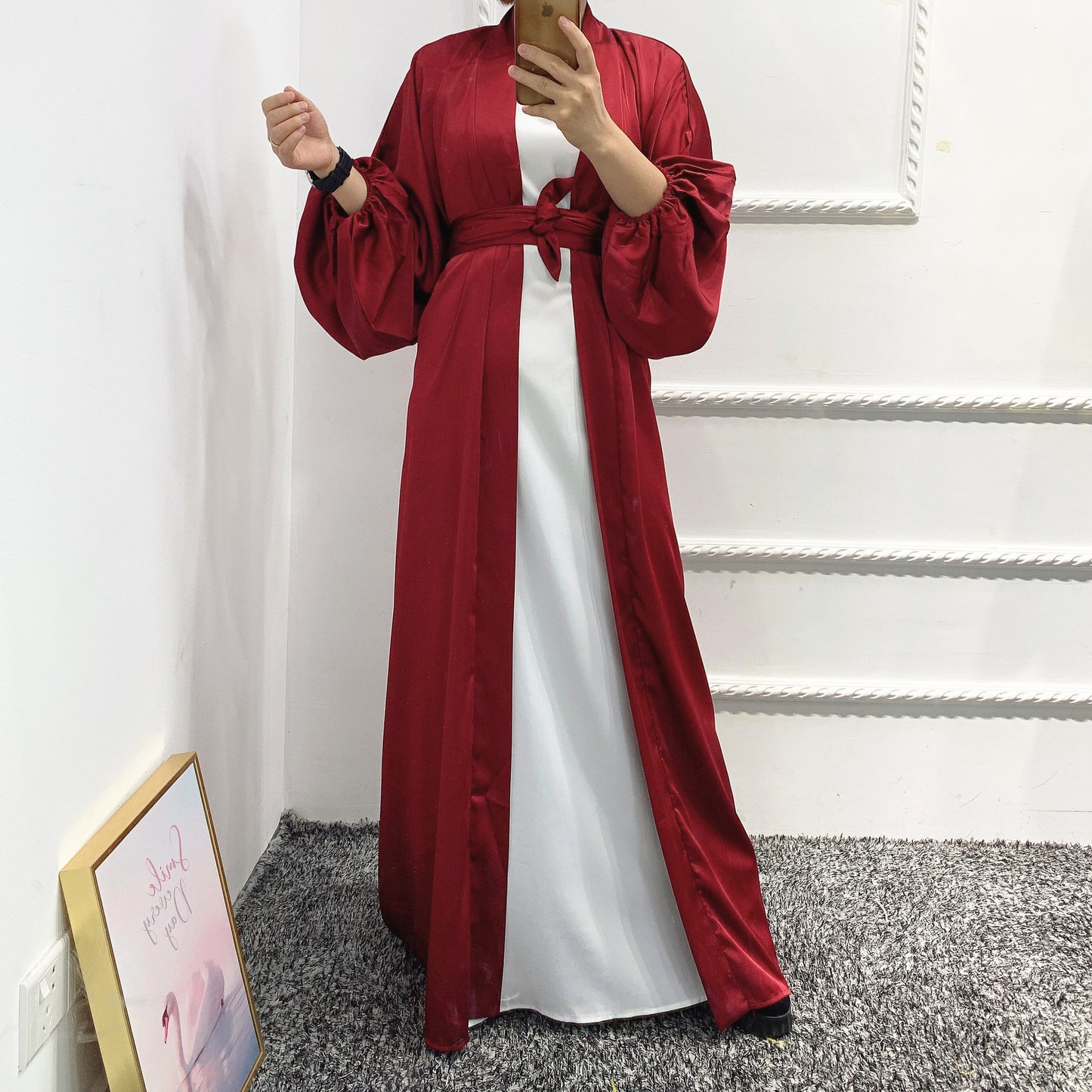 ABAYA SATINÉE ROSE POUDRÉ & BLANCHE