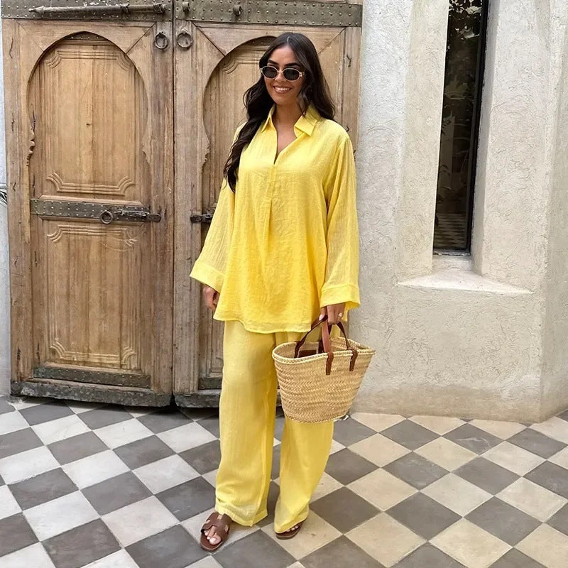 Ensemble décontracté 2 pièces – Chemise fluide + pantalon large, style chic & estival