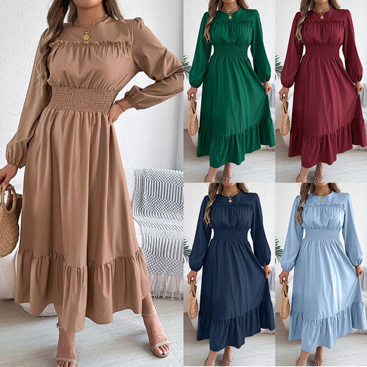 Robe Longue Femme Élégante – Manches Longues & Taille Élastique Smockée