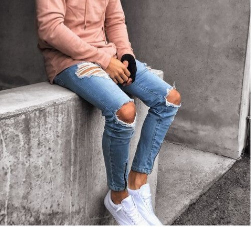Jean Slim Déchiré Homme – Style Urbain avec Fermeture Éclair