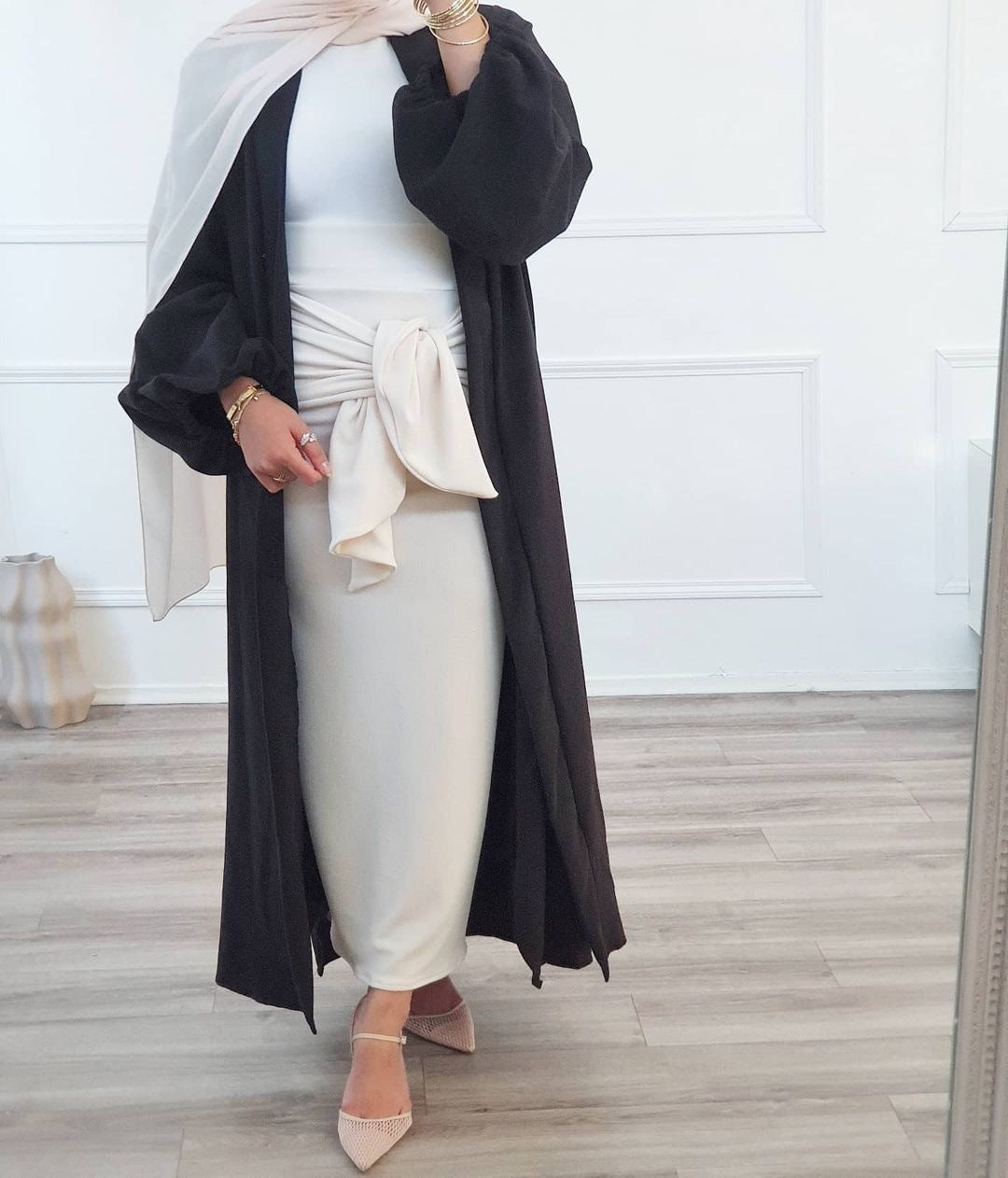ABAYA SATINÉE ROSE POUDRÉ & BLANCHE
