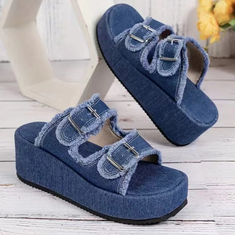 Sandales Compensées en Jean Femme – Plateforme Décontractée Été – Chaussures Ouvertes avec Boucles