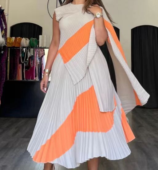 Robe plissée asymétrique orange & fuchsia – Design audacieux et élégant & Fuchsia royal