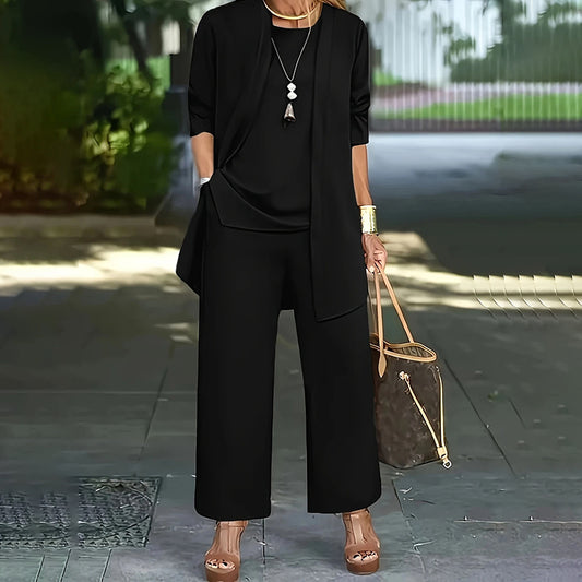 Ensemble Femme Élégant 3 Pièces – Pantalon Large + Haut Fluide + Veste Longue