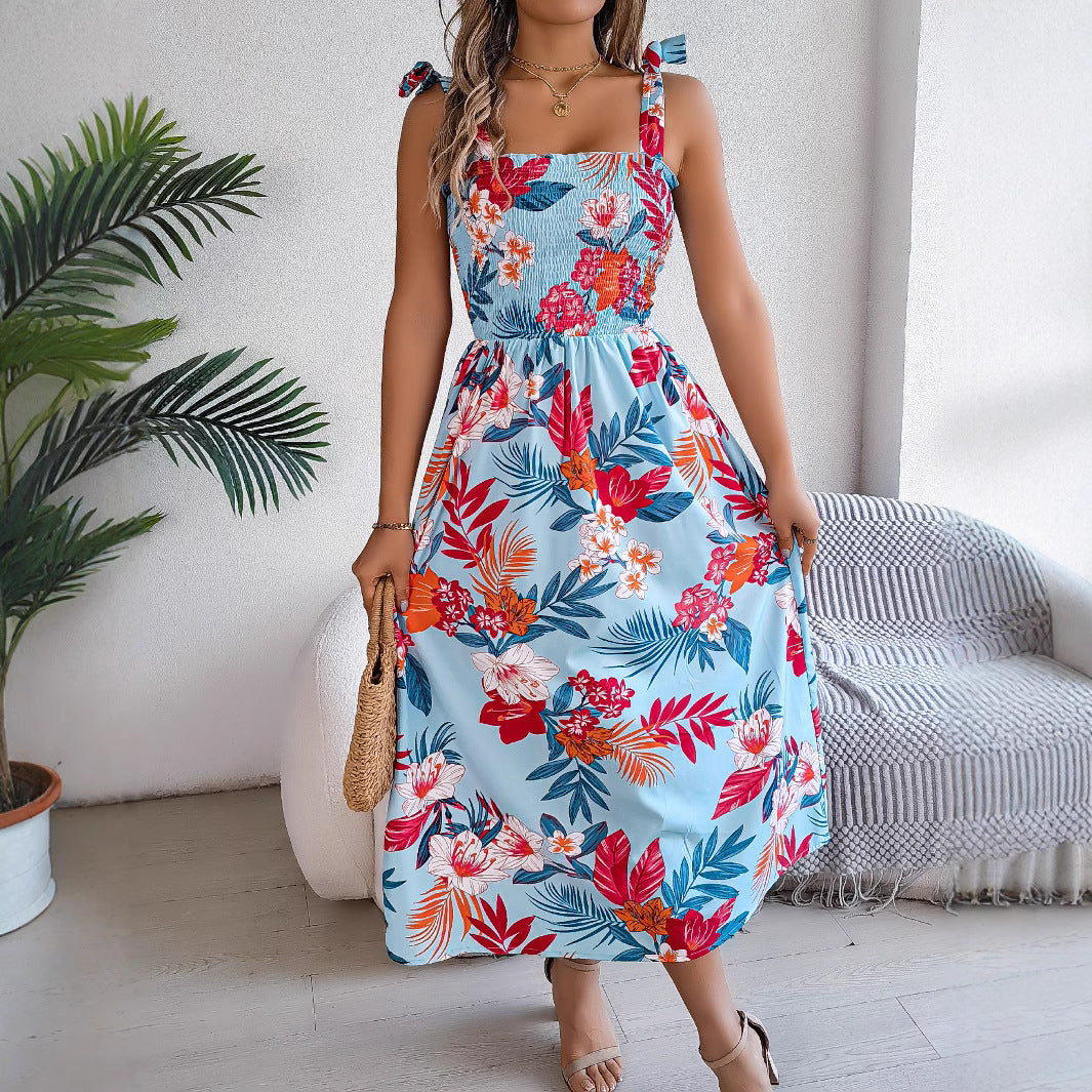 Robe Longue Bohème à Bretelles – Imprimé Fleuri Tropical