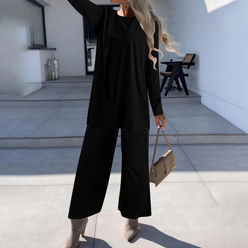 Ensemble Femme Élégant 3 Pièces – Pantalon Large + Haut Fluide + Veste Longue