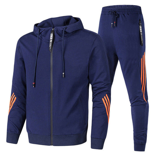 Survêtement Homme – Ensemble Sport Zip Hoodie & Jogging – Bleu Marine & Rayures Orange