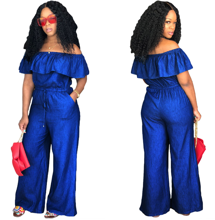 Combinaison en jean épaules dénudées – Style été chic & sexy, coupe large fluide
