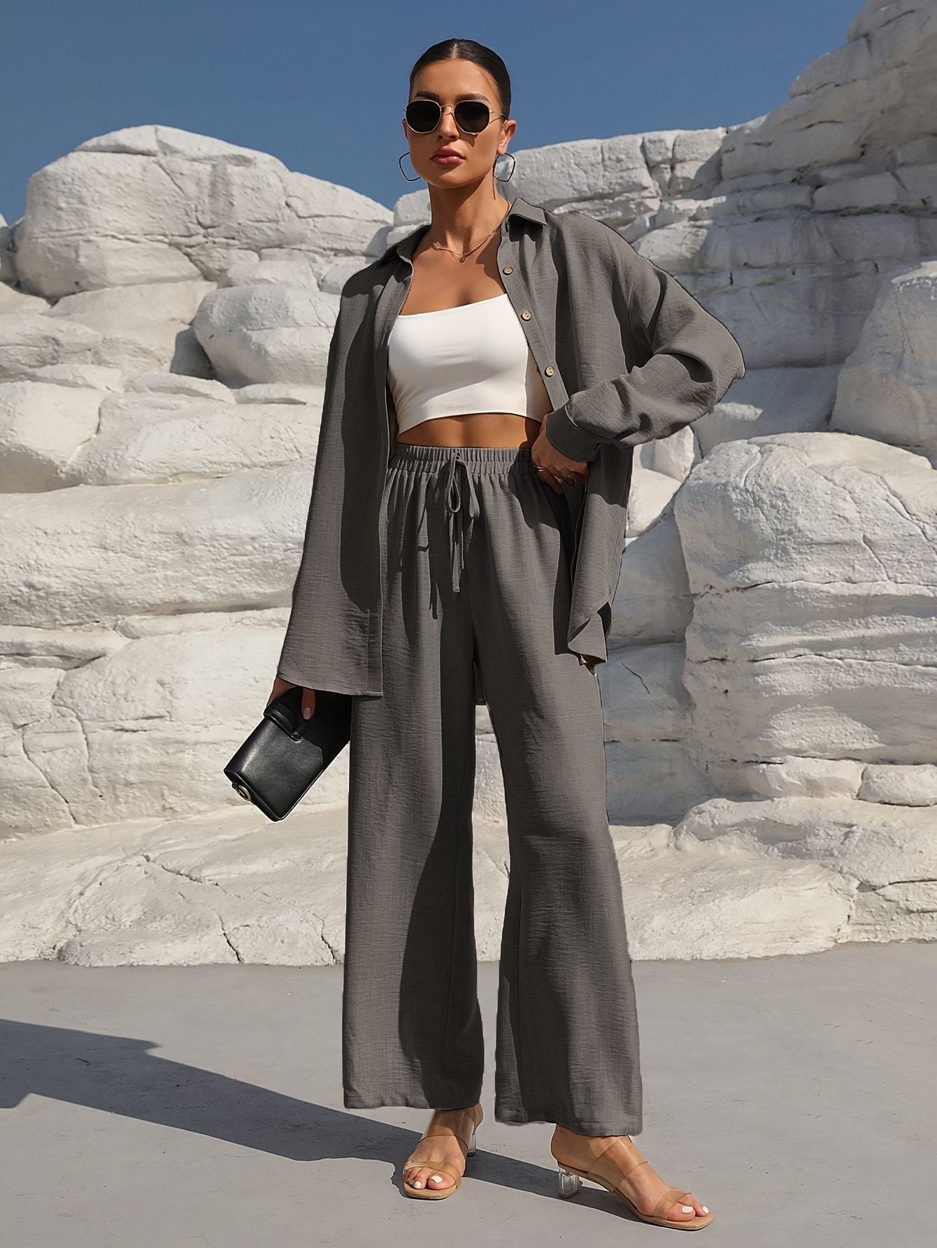 Ensemble Femme Chic – Veste Longue & Pantalon Large Taille Haute | Look Décontracté et Élégant Été 2025