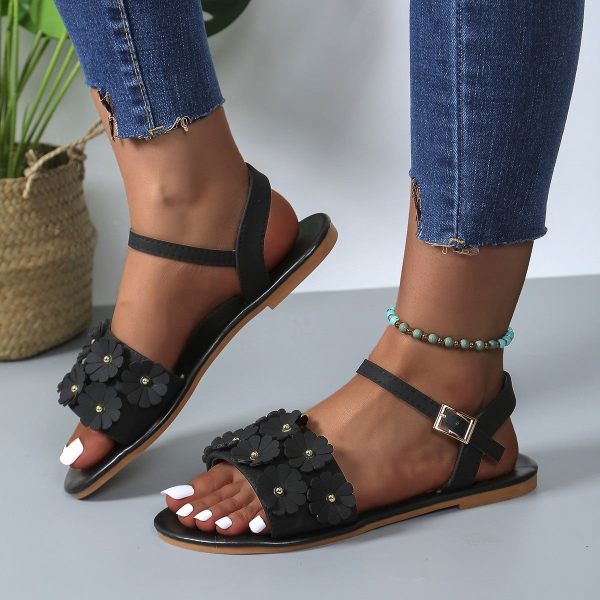 Sandales Plates Fleuries Femme – Confort Été Chic & Bohème – Sandales Mode Casual