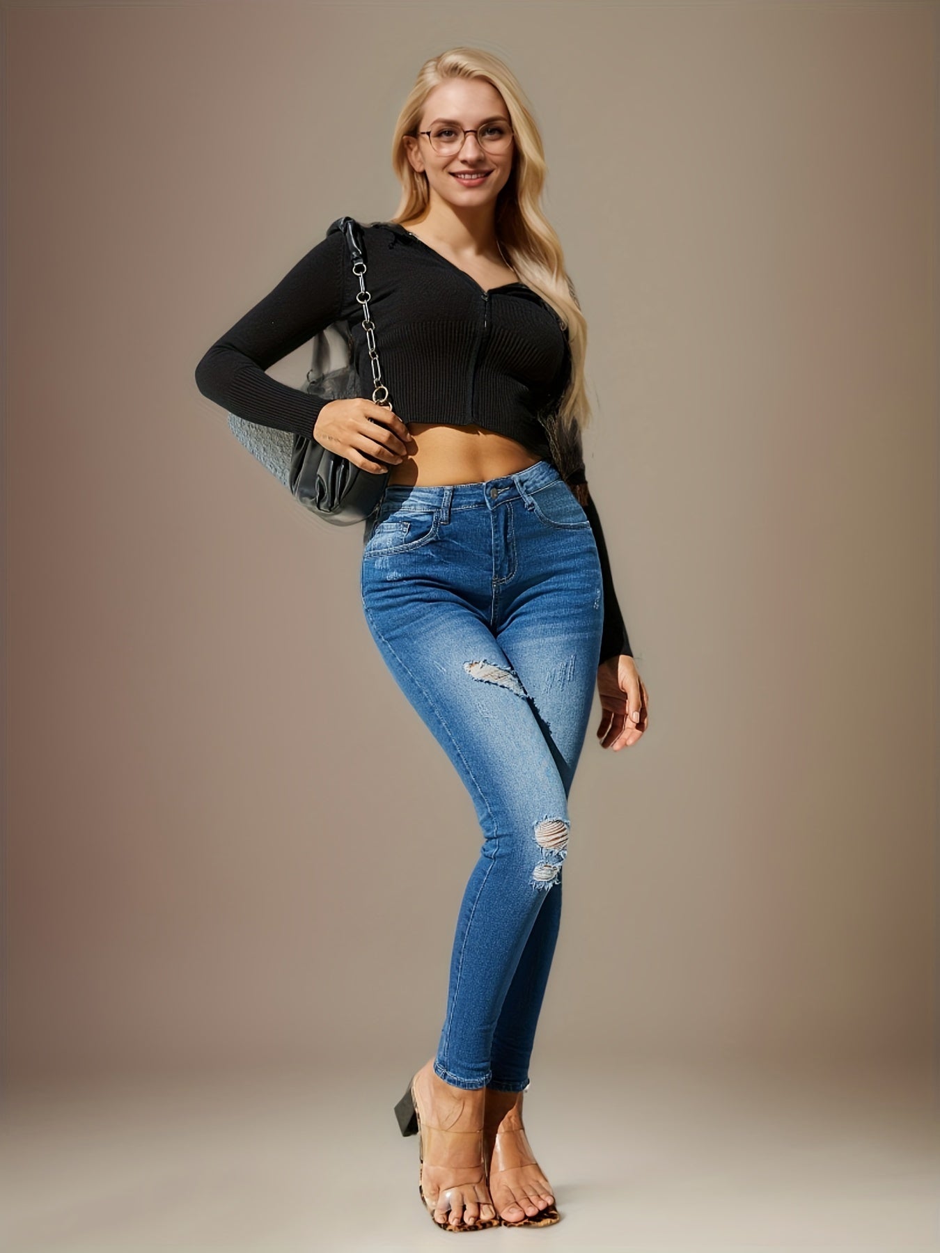 Jean Skinny Déchiré Taille Haute – Tendance & Confort au Quotidien