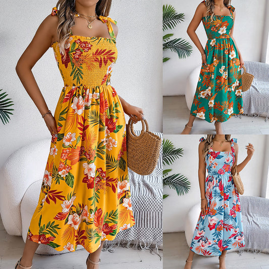 Robe Longue Bohème à Bretelles – Imprimé Fleuri Tropical