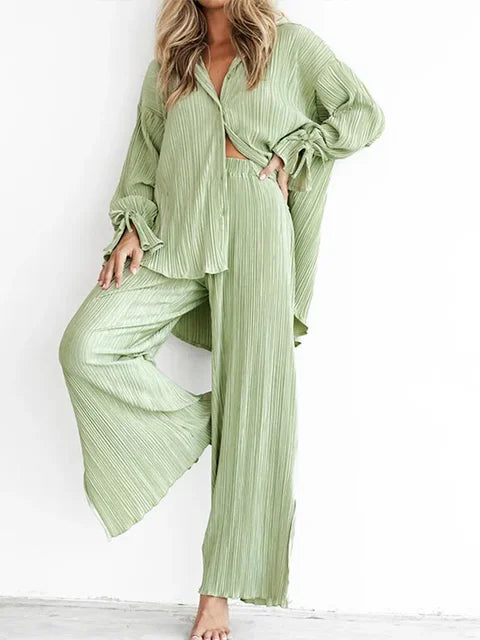 Ensemble plissé 2 pièces femme – Chemise + Pantalon fluide