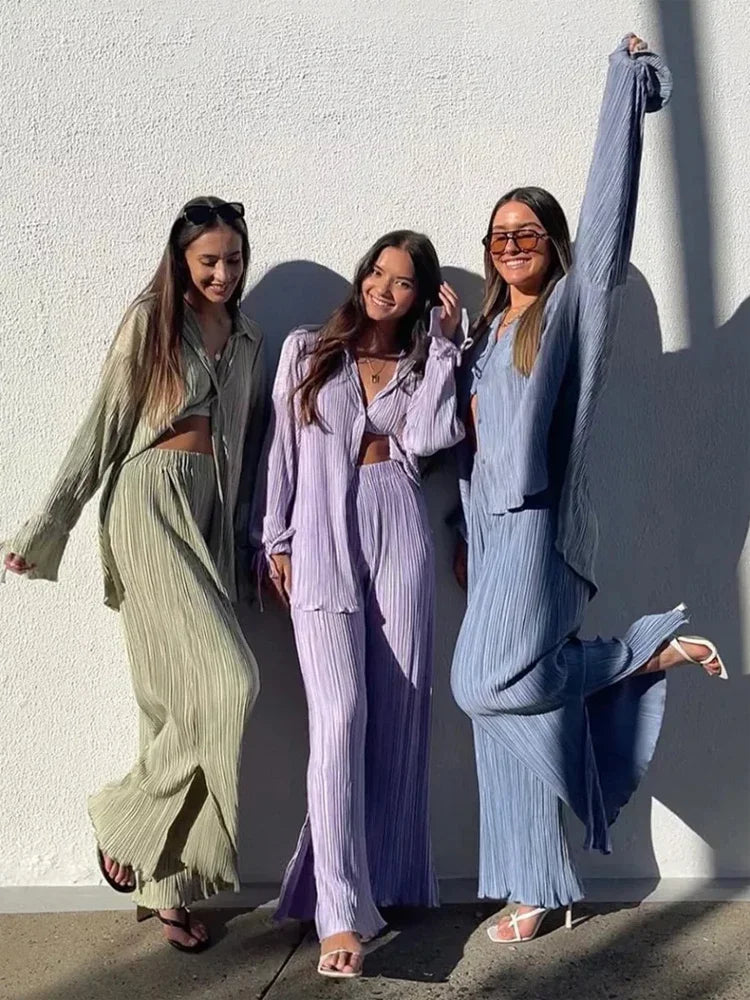 Ensemble plissé 2 pièces femme – Chemise + Pantalon fluide