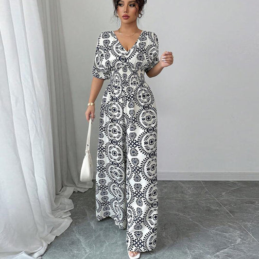 Combinaison Bohème Fluide – Taille Haute, Manches Courtes & Motif Mandala | Élégante & Confortable