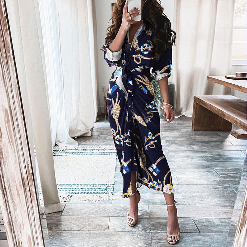 Robe Élégante Midi Boutonnée – Effet Portefeuille & Imprimés Stylés