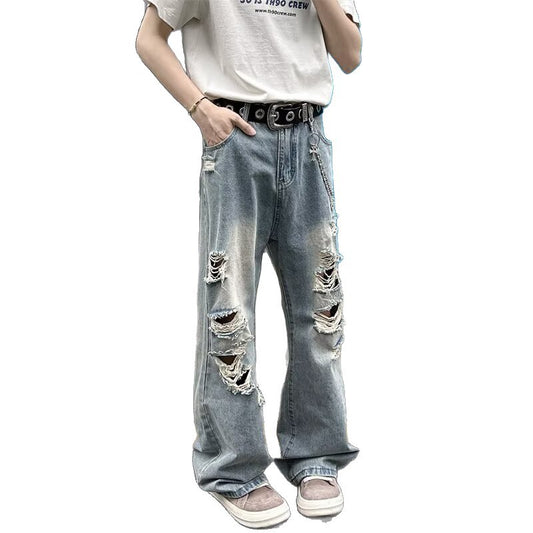Jean Large Destroy Homme – Style Vintage Déchiré avec Chaîne Métal – Streetwear Urbain