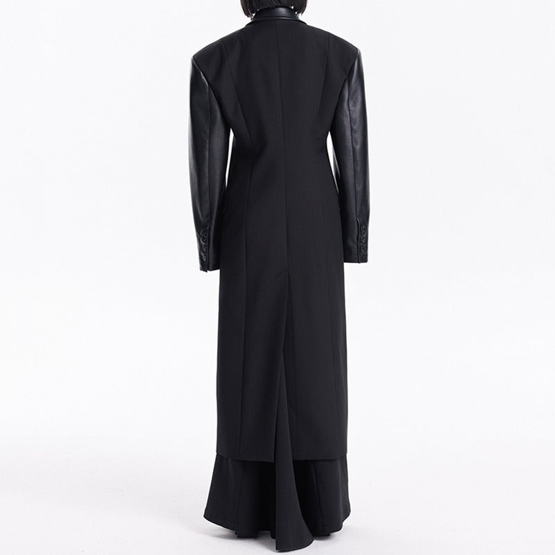 Manteau Long Femme Chic – Épaules et Manches en Similicuir Noir