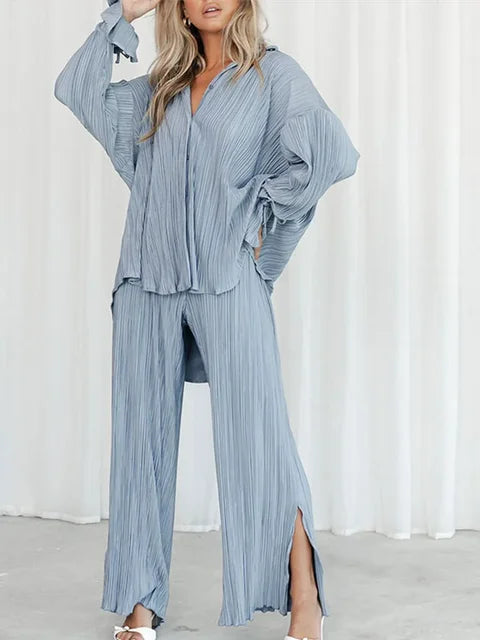Ensemble plissé 2 pièces femme – Chemise + Pantalon fluide