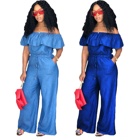 Combinaison en jean épaules dénudées – Style été chic & sexy, coupe large fluide