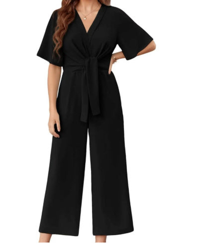Solid Color And V-neck Minimalist Design Short-sleeved Jumpsuit