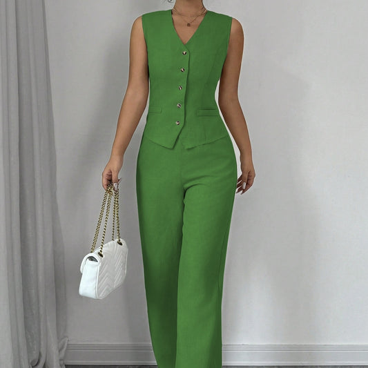 Ensemble Tailleur Luxe – Gilet Cintré & Pantalon Large | Élégance Minimaliste