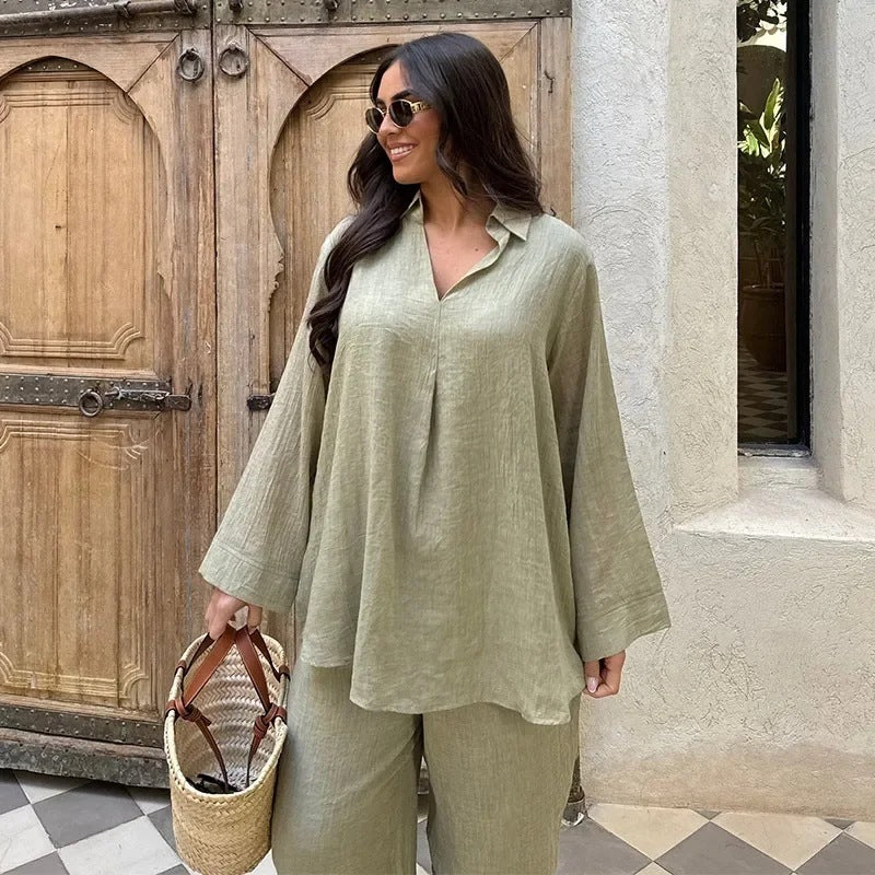 Ensemble décontracté 2 pièces – Chemise fluide + pantalon large, style chic & estival