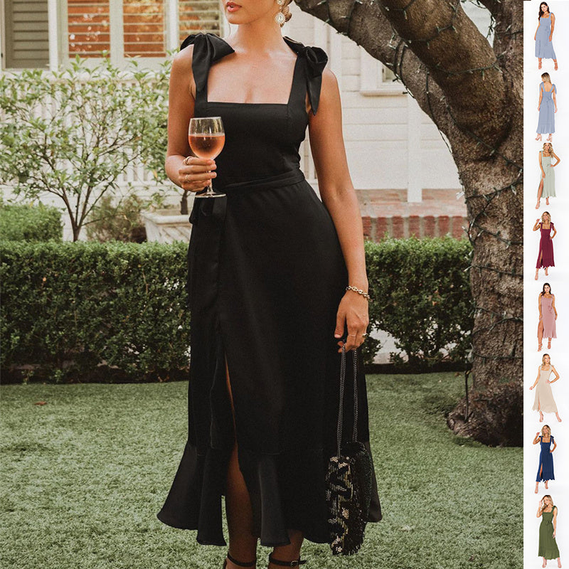 Robe Fendue Élégance – Col Volant & Coupe Sirène