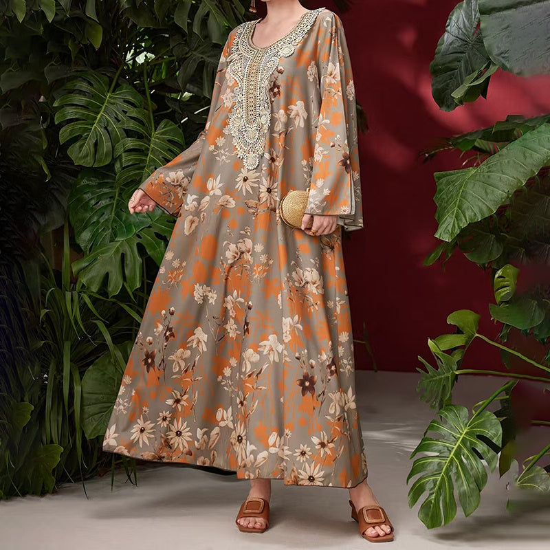 Robe Caftan Chic à Broderies Orientales - Écru & Marron