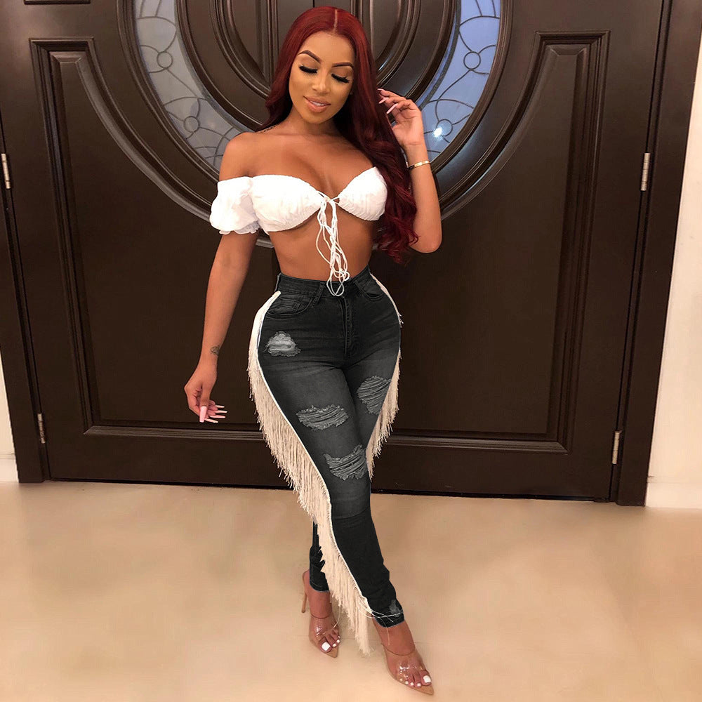 Jean Skinny Déchiré Femme avec Franges Latérales – Style Glam & Audacieux