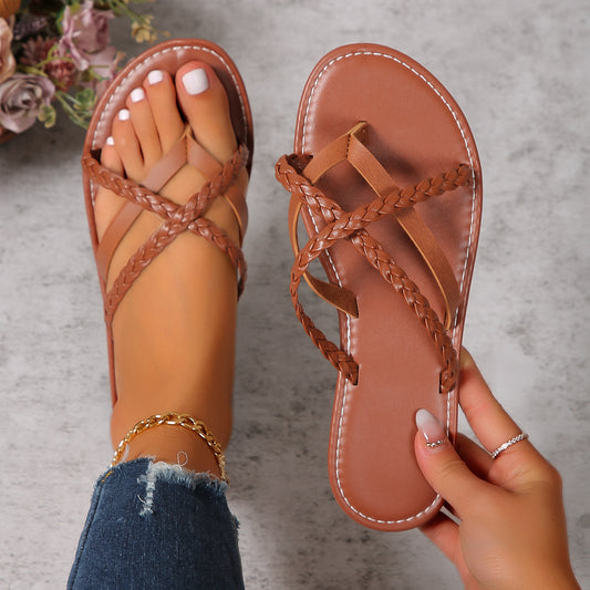 Sandales d’Été Femme – Plates, Confortables & Élégantes – Lanières Tressées