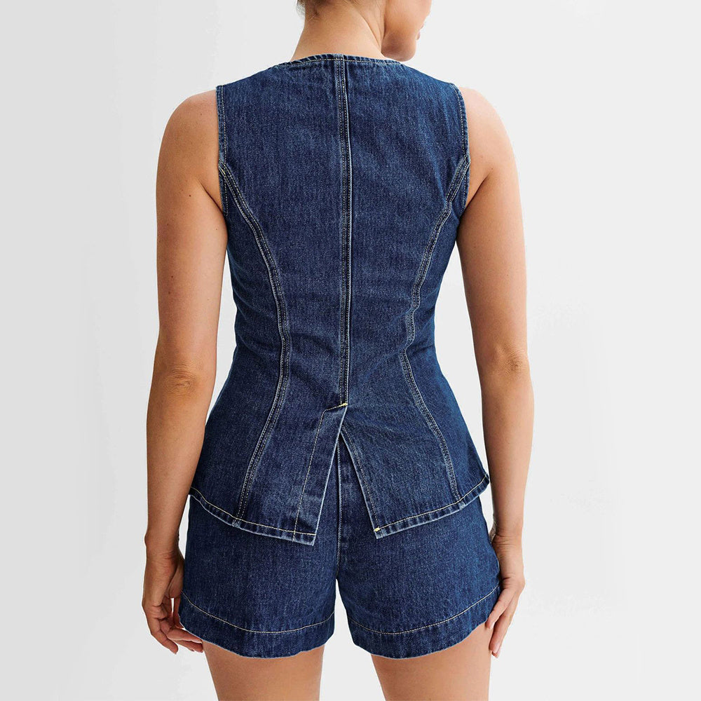 Ensemble Denim Élégance™ – Gilet & Short Taille Haute