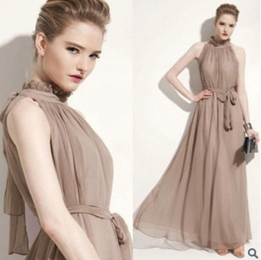 Robe Longue Bohème Chic – Mousseline fluide sans manches, col montant plissé, soirée et mariage