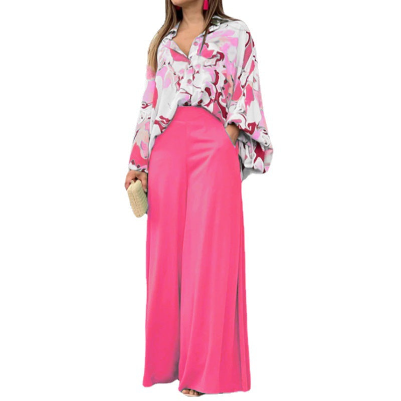 Ensemble Femme Élégant – Chemise Fluide Imprimée + Pantalon Large Haute Taille