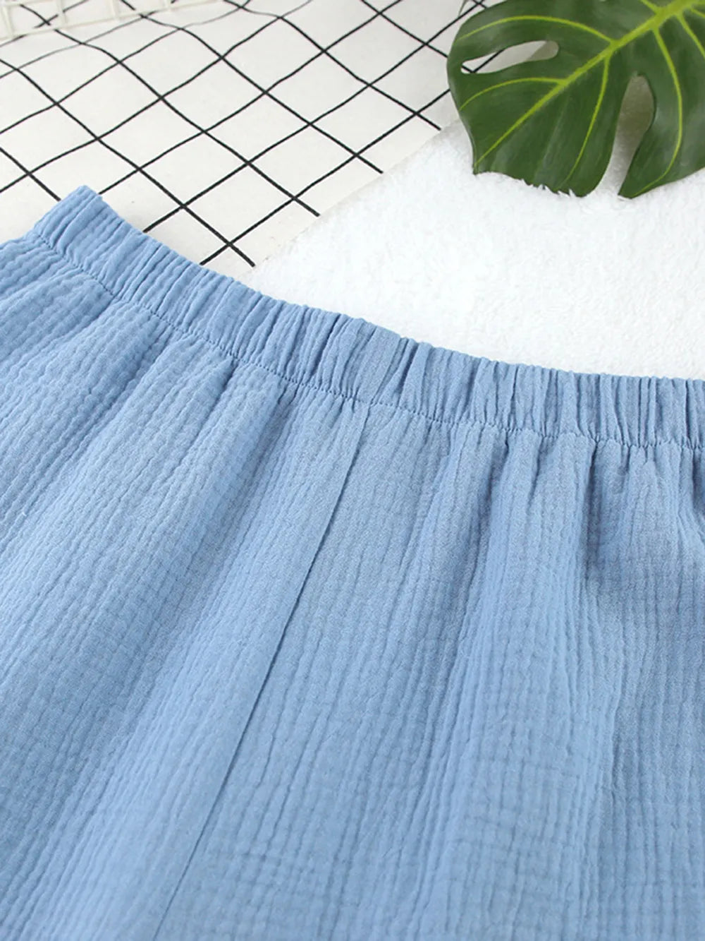 Ensemble 3 pièces femme – Kimono & short en gaze de coton gaufré bleu ciel
