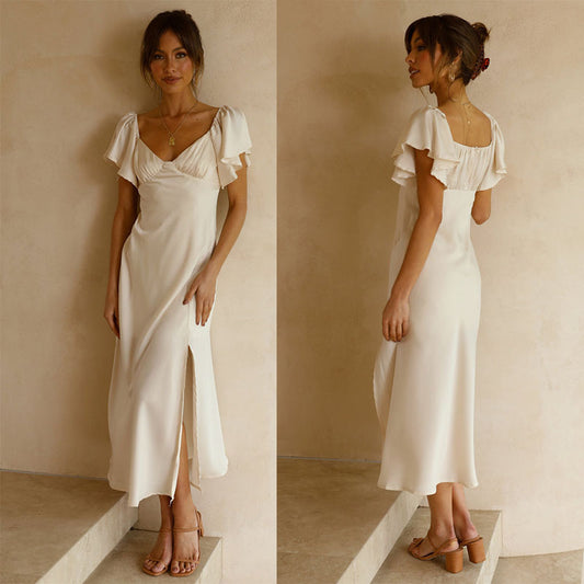 Robe Satin Élégance – Couleur Champagne Douce & Brillante