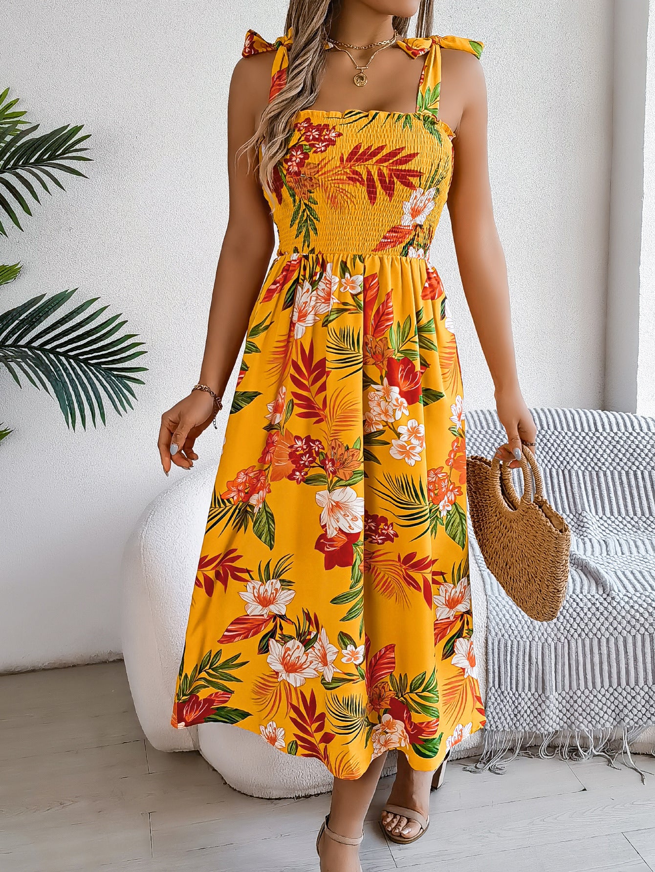Robe Longue Bohème à Bretelles – Imprimé Fleuri Tropical