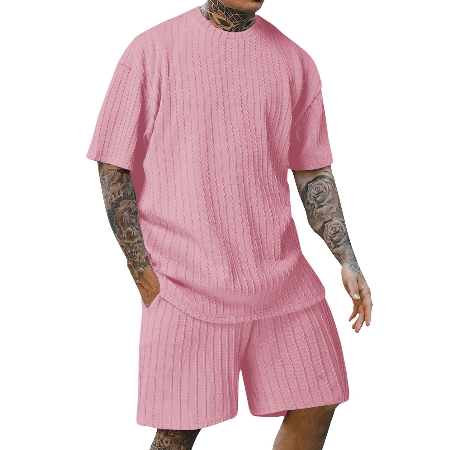 Ensemble Homme Décontracté Été - T-shirt Col Rond & Short Motif Rayé | Look Sport & Tendance 2025