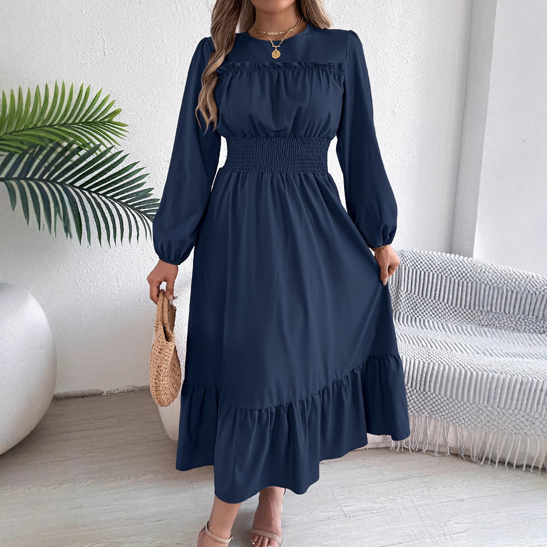 Robe Longue Femme Élégante – Manches Longues & Taille Élastique Smockée