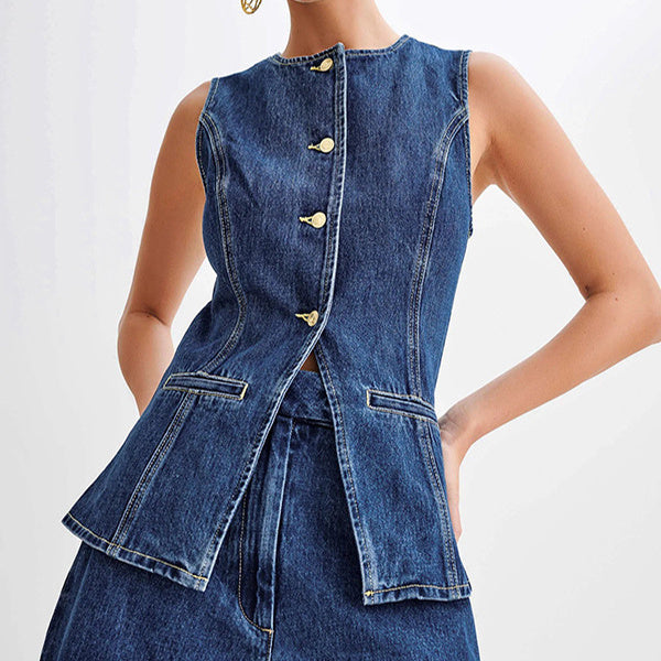Ensemble Denim Élégance™ – Gilet & Short Taille Haute