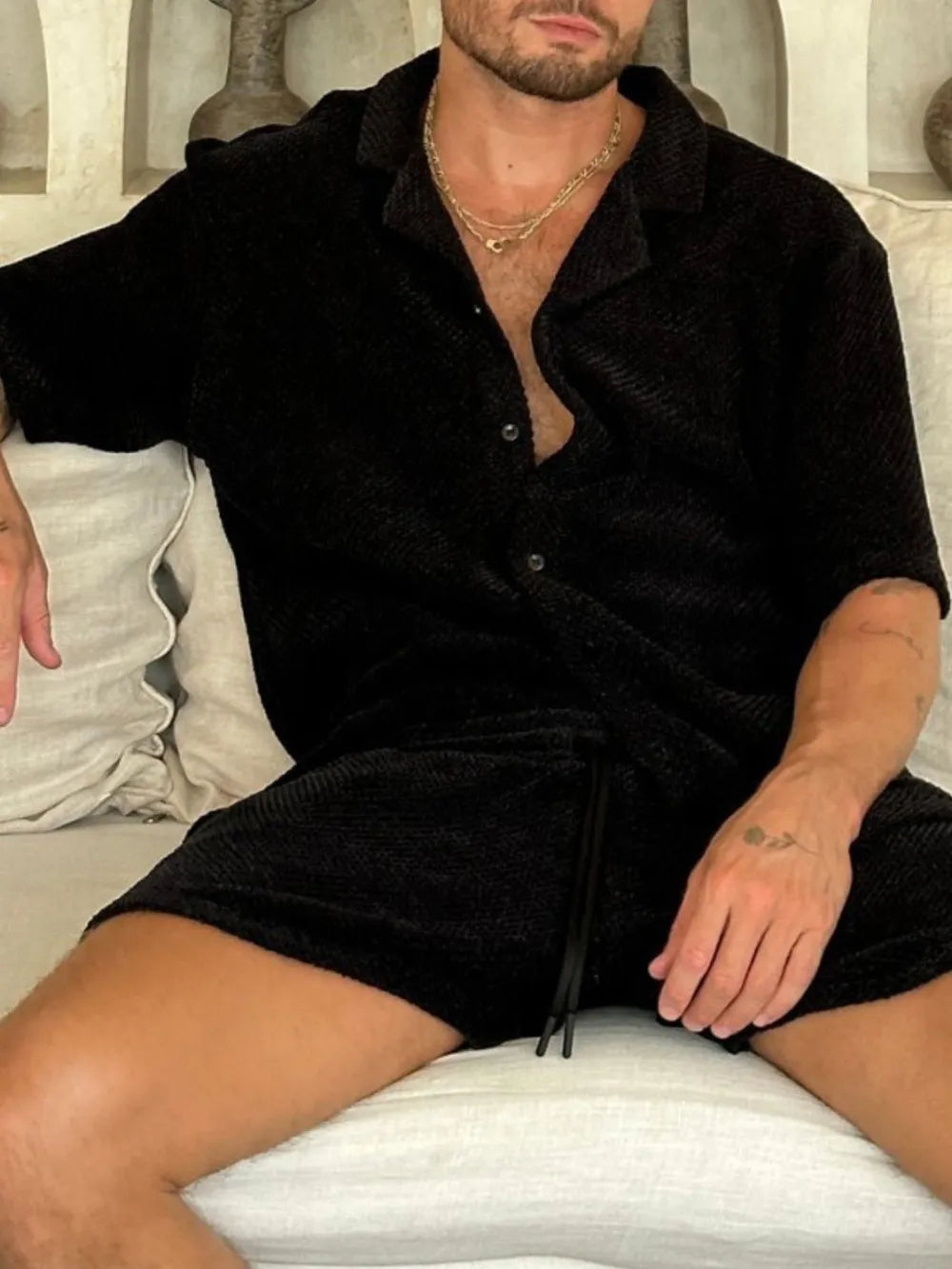 Ensemble Homme Plissé "Ibiza Vibe" – Bleu Marine / Moutarde / Noir