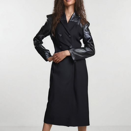 Manteau Long Femme Chic – Épaules et Manches en Similicuir Noir