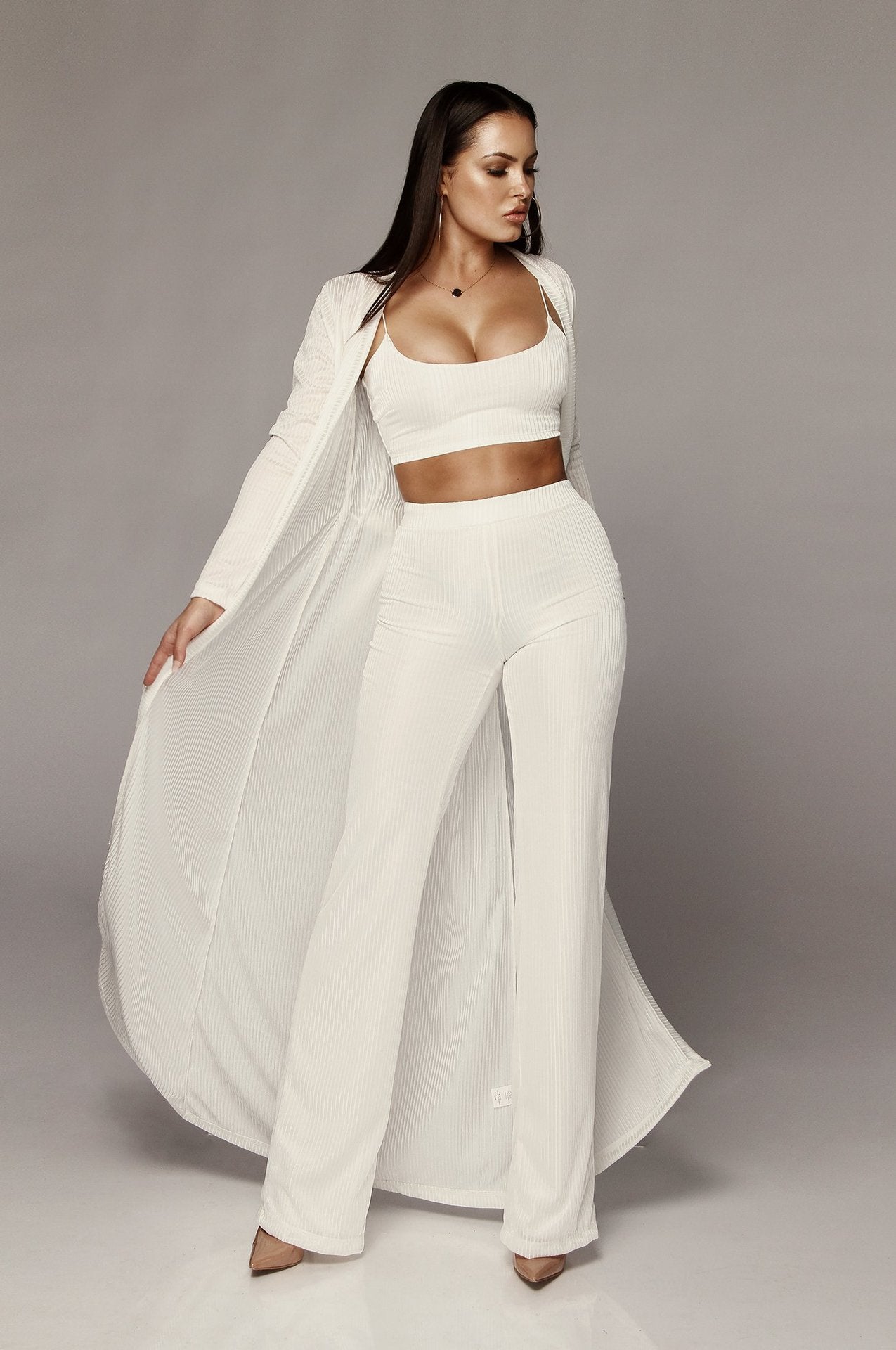 Ensemble 3 pièces chic femme – Longue veste + top + pantalon taille haute fluide