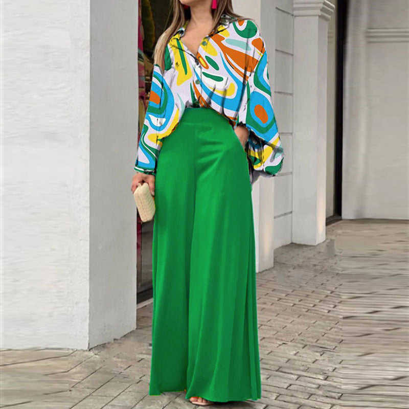 Ensemble Femme Élégant – Chemise Fluide Imprimée + Pantalon Large Haute Taille