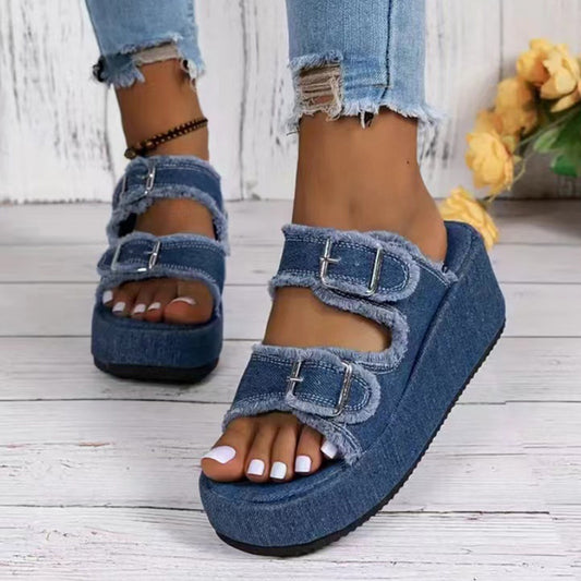 Sandales Compensées en Jean Femme – Plateforme Décontractée Été – Chaussures Ouvertes avec Boucles
